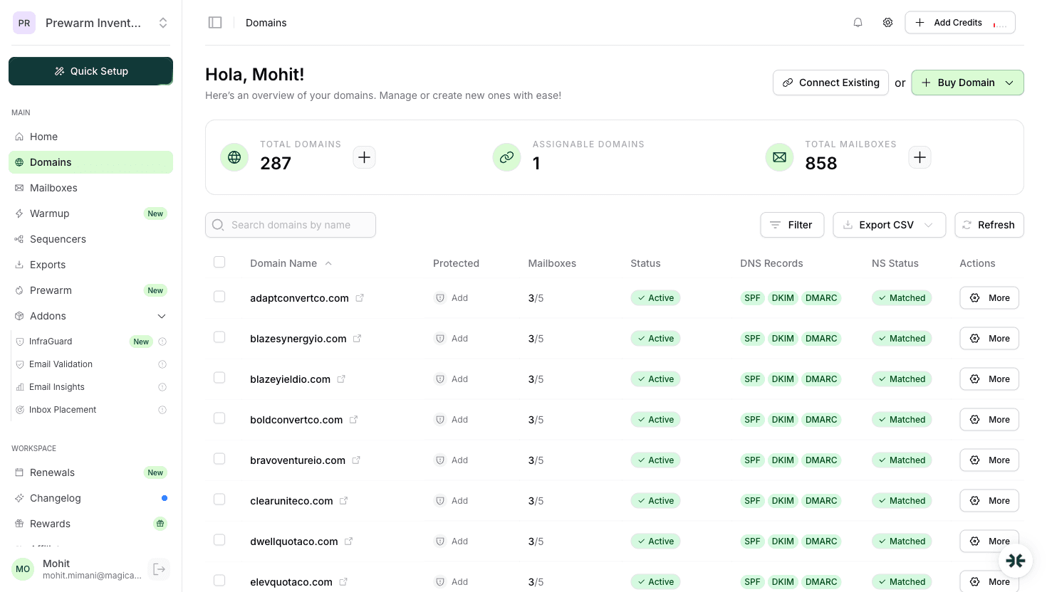 InboxKit domains with DNS and reputation status